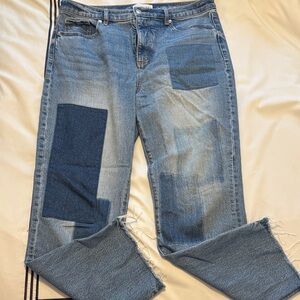 Women's Blue Patchwork Crop Jeans